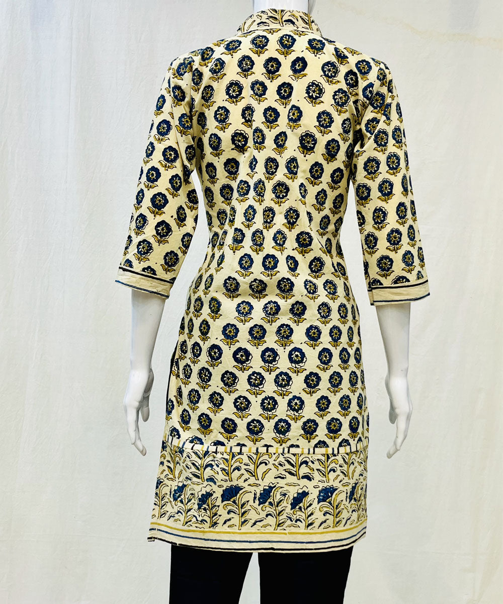 Off white cotton ajrakh hand block printed short kurti