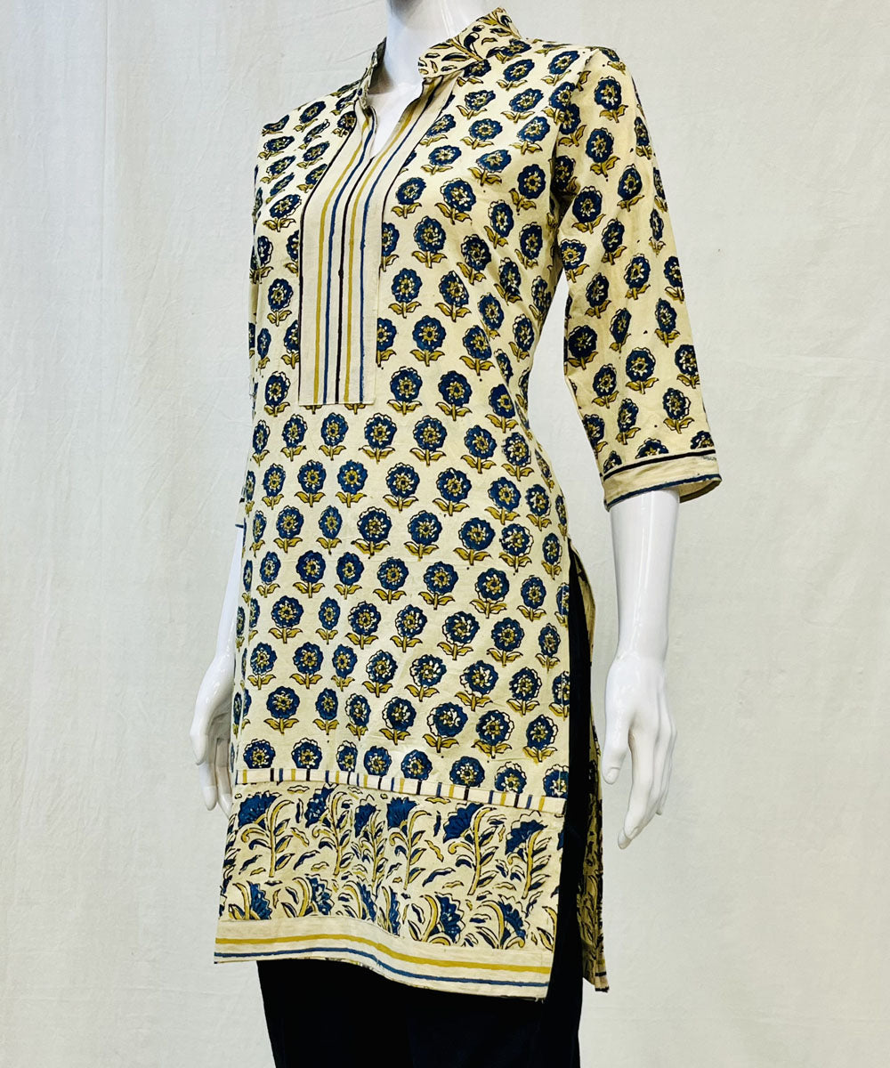 Off white cotton ajrakh hand block printed short kurti