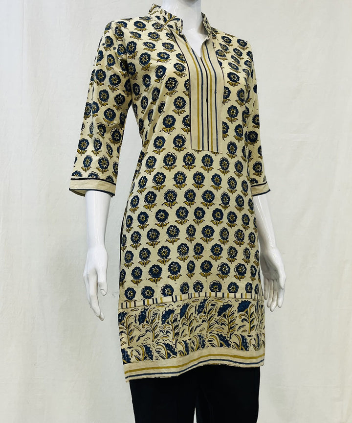 Off white cotton ajrakh hand block printed short kurti