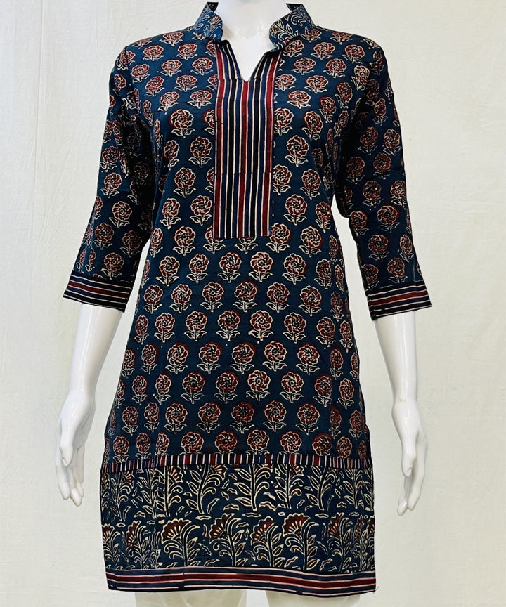 Blue cotton ajrakh hand block printed short kurti