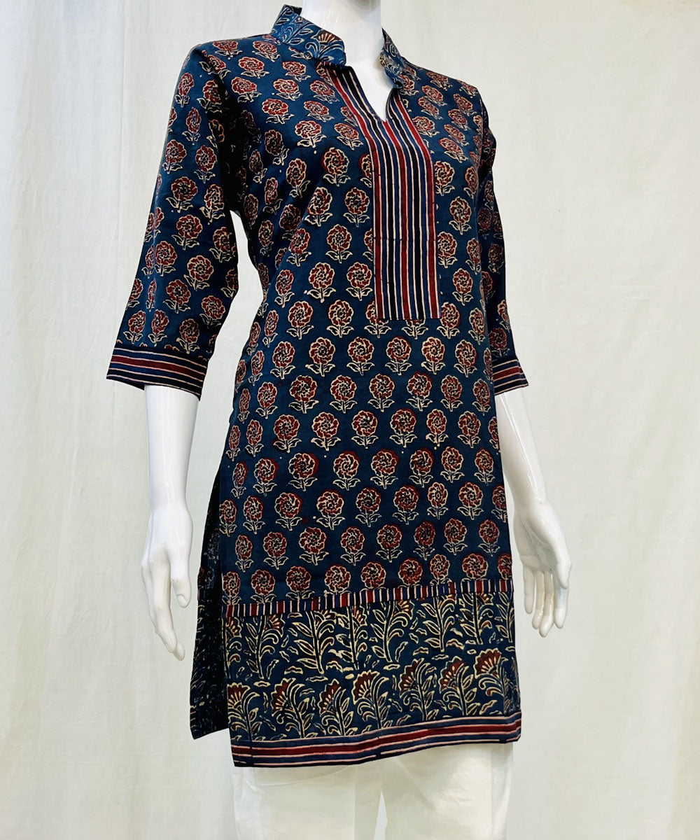 Blue cotton ajrakh hand block printed short kurti