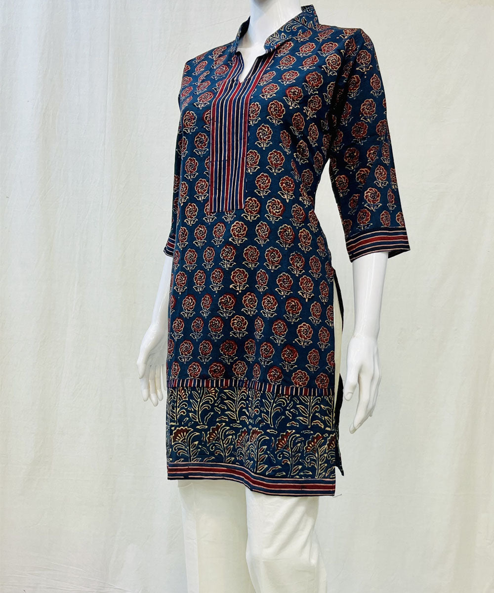 Blue cotton ajrakh hand block printed short kurti