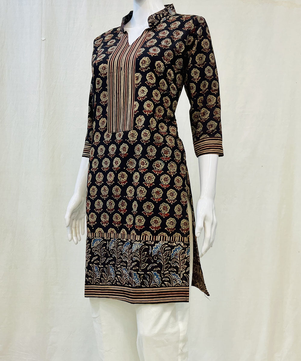 Black cotton ajrakh hand block printed short kurti
