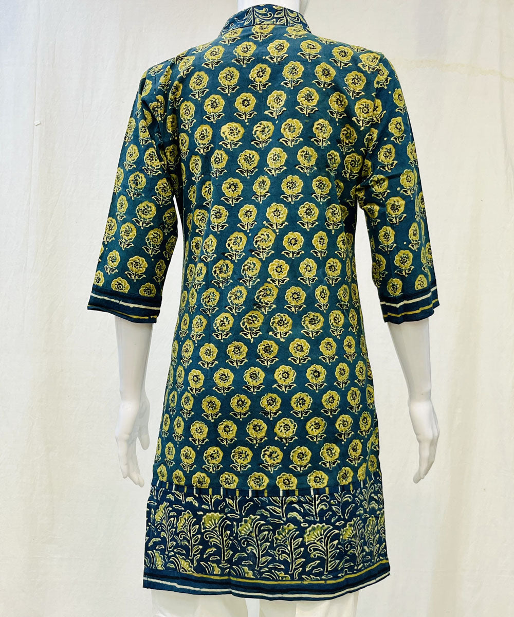 Bottle green cotton ajrakh hand block printed kurti