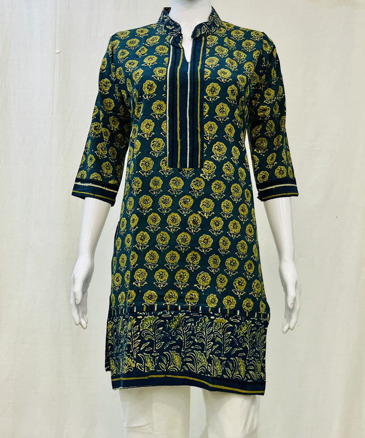 Bottle green cotton ajrakh hand block printed kurti