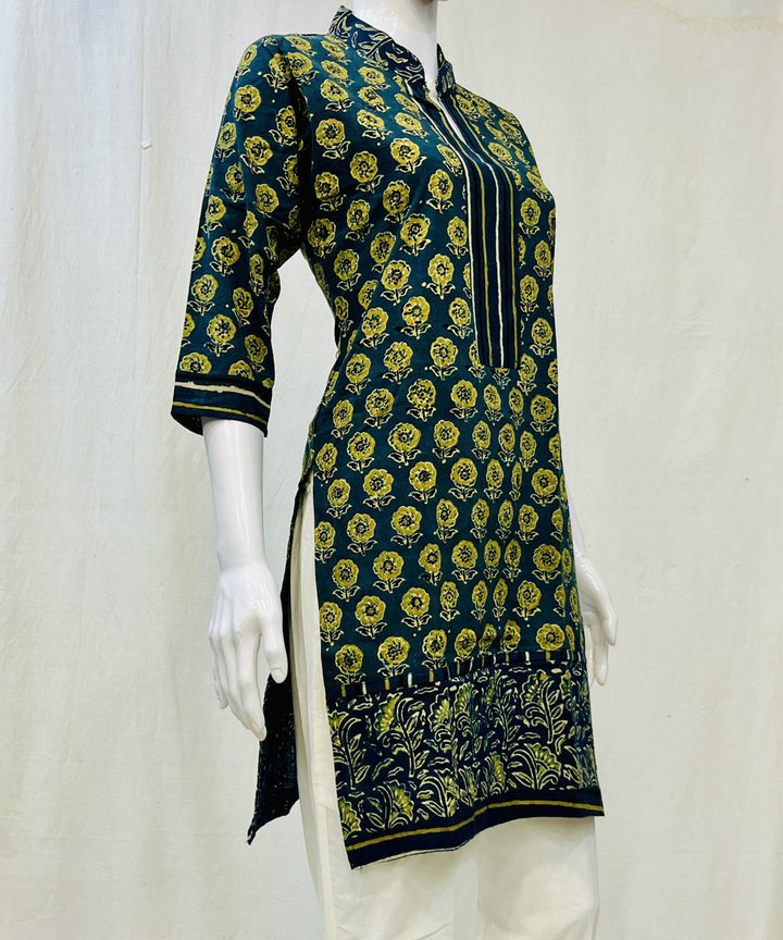 Bottle green cotton ajrakh hand block printed kurti