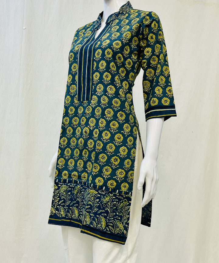 Bottle green cotton ajrakh hand block printed kurti