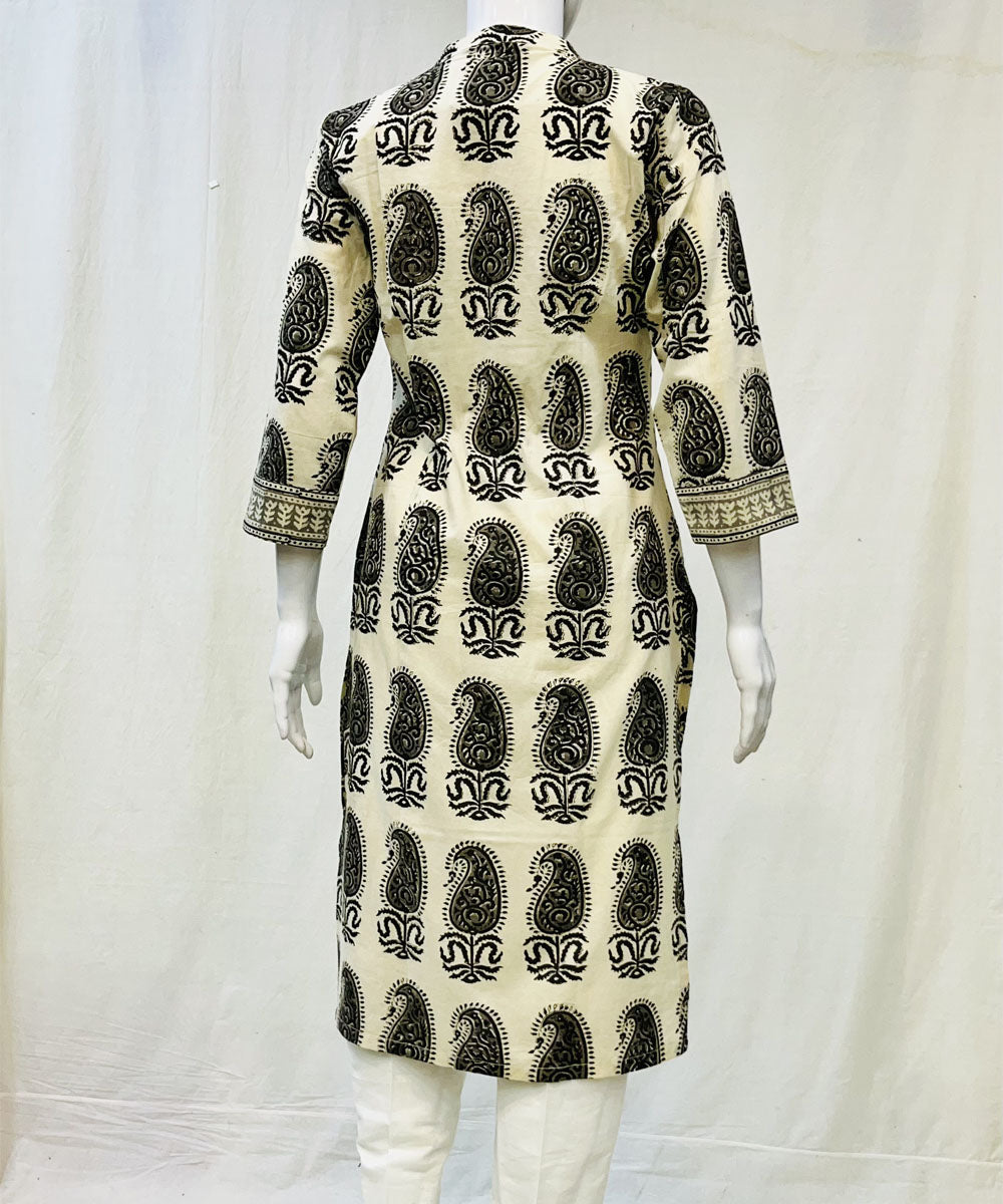 Black white cotton kalamkari hand block printed kurti