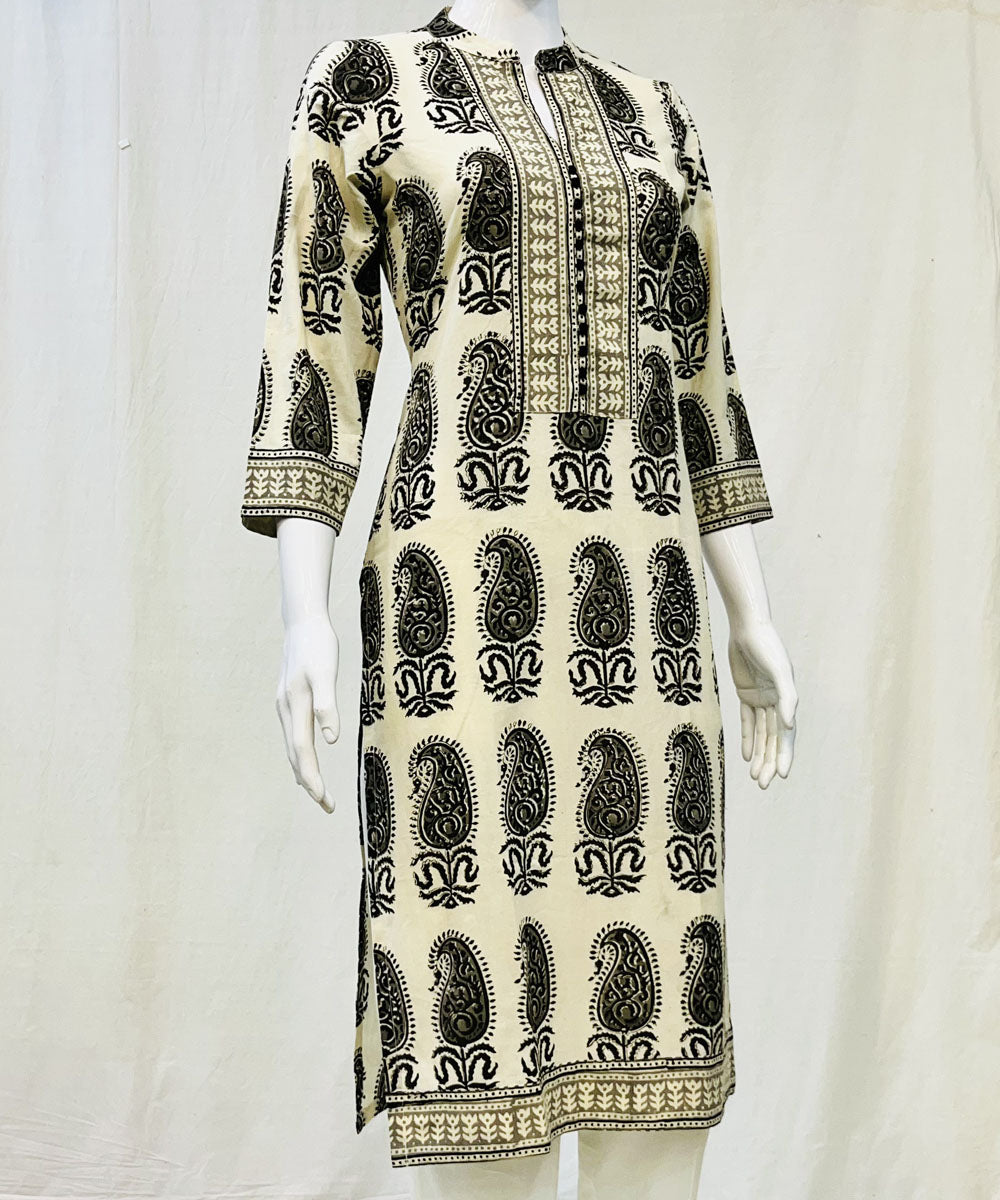 Black white cotton kalamkari hand block printed kurti