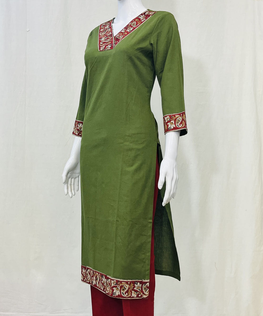 Olive green cotton khadi flex plain kurti