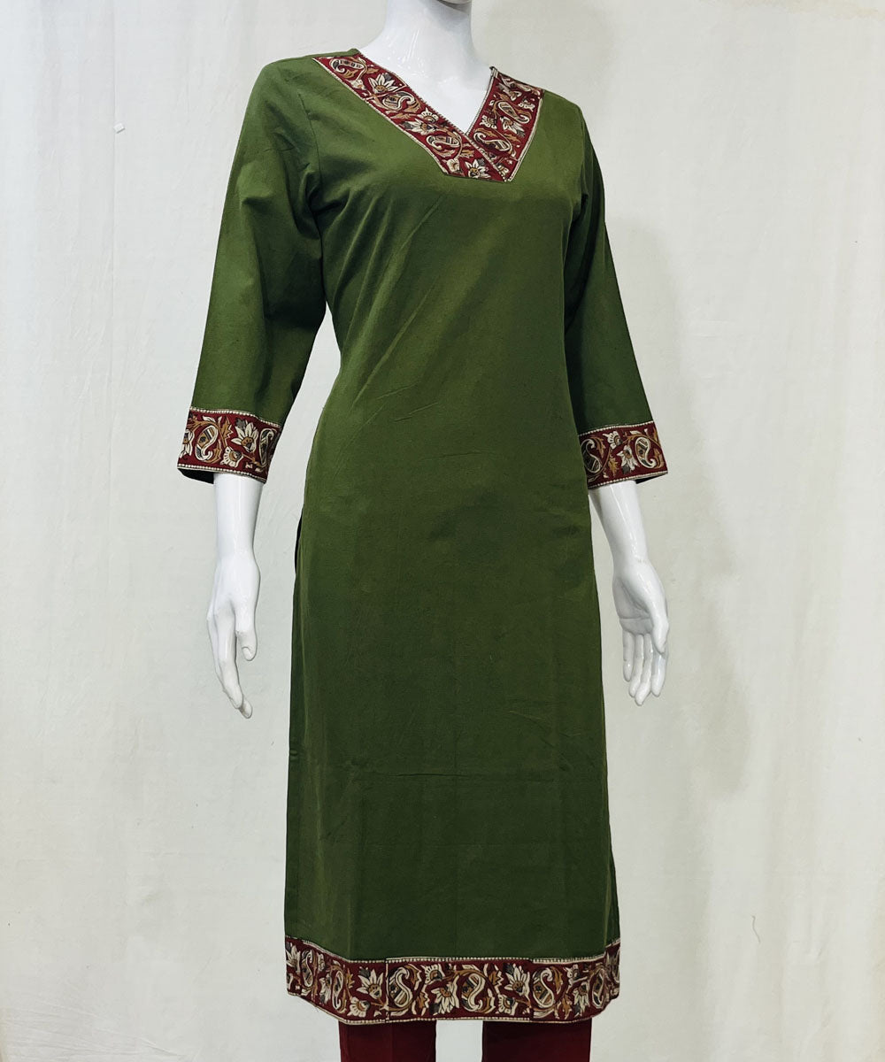 Olive green cotton khadi flex plain kurti