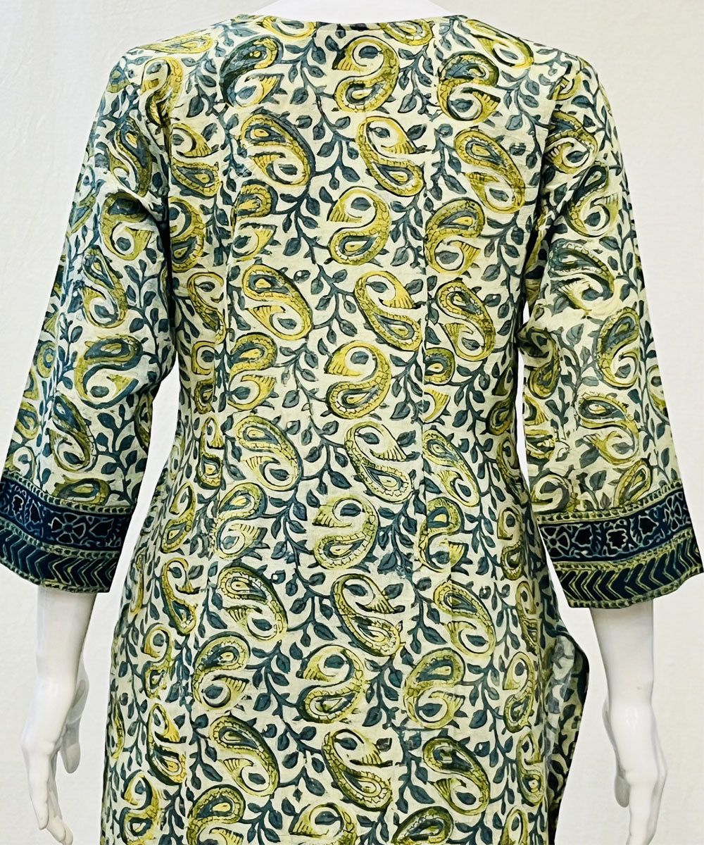 Olive green pure mul cotton ajrakh printed kurti