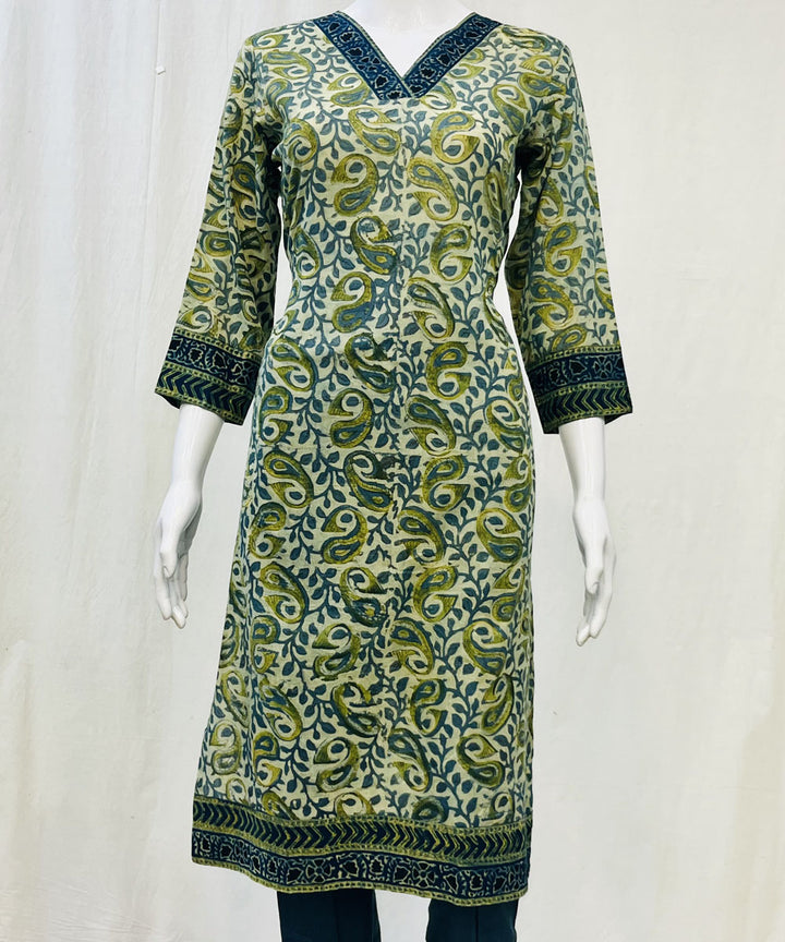 Olive green pure mul cotton ajrakh printed kurti