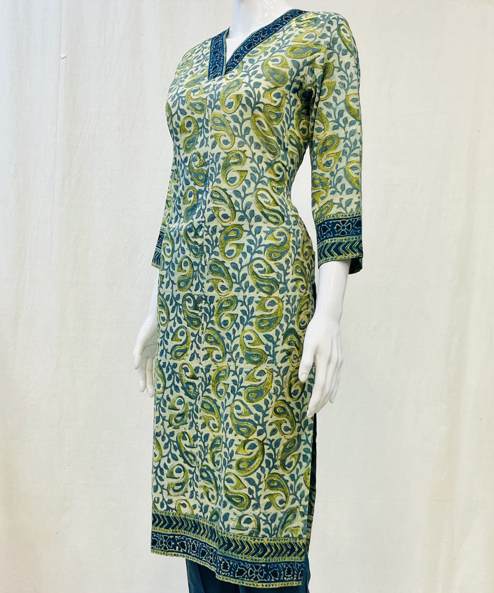 Olive green pure mul cotton ajrakh printed kurti