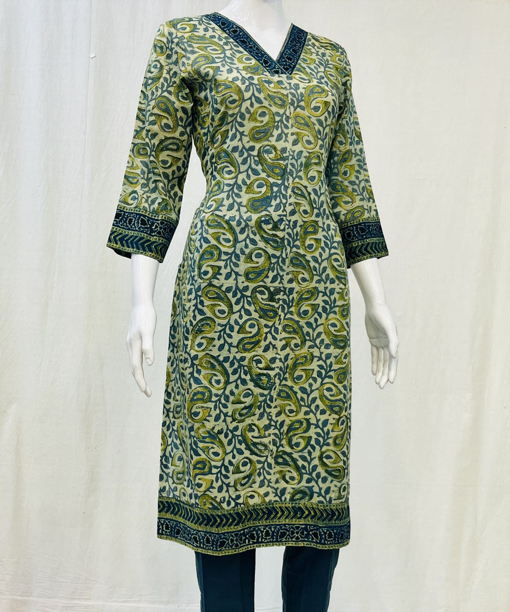 Olive green pure mul cotton ajrakh printed kurti
