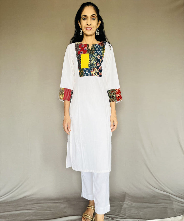 Off white cotton khadi patchwork kurti