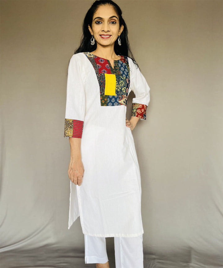 Off white cotton khadi patchwork kurti