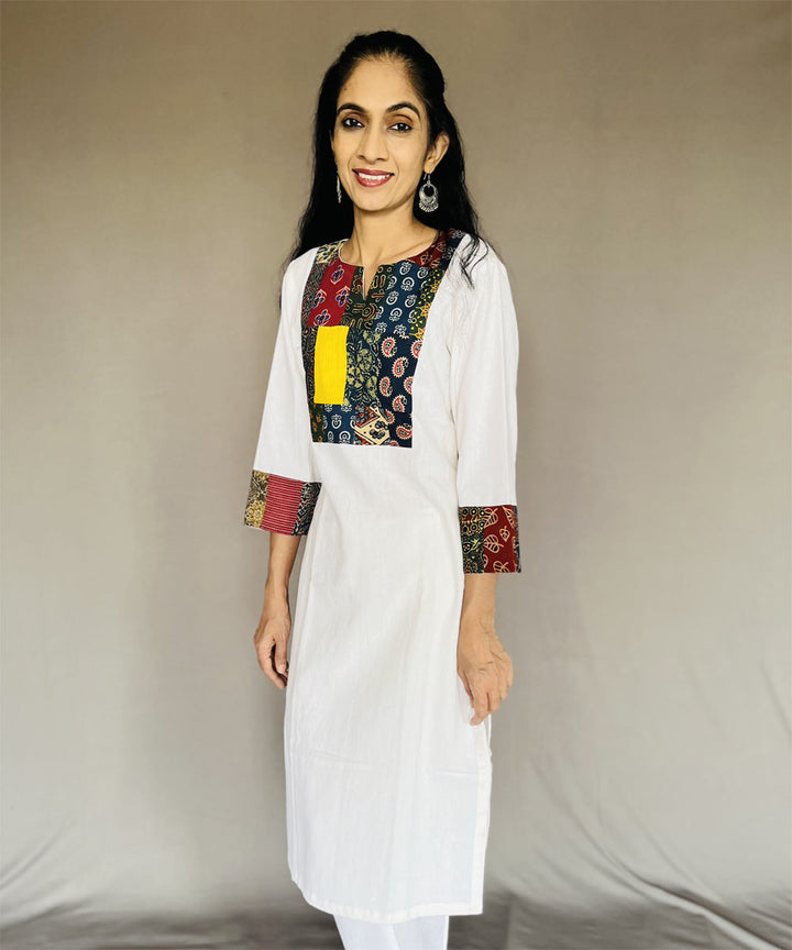 Off white cotton khadi patchwork kurti