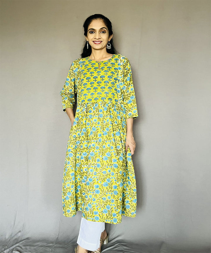 Green cotton sanganeri print kurti