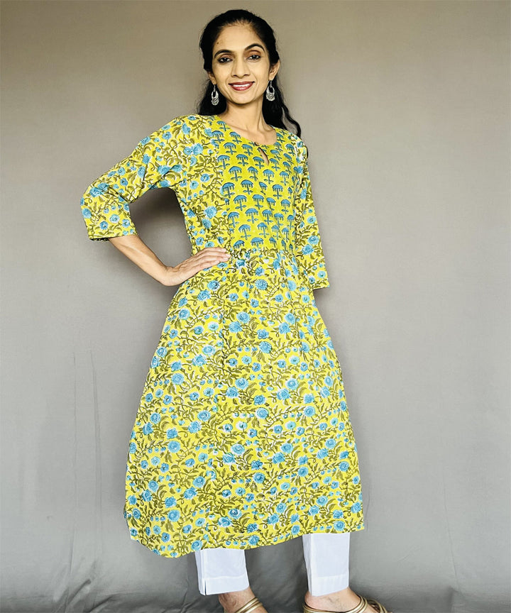 Green cotton sanganeri print kurti