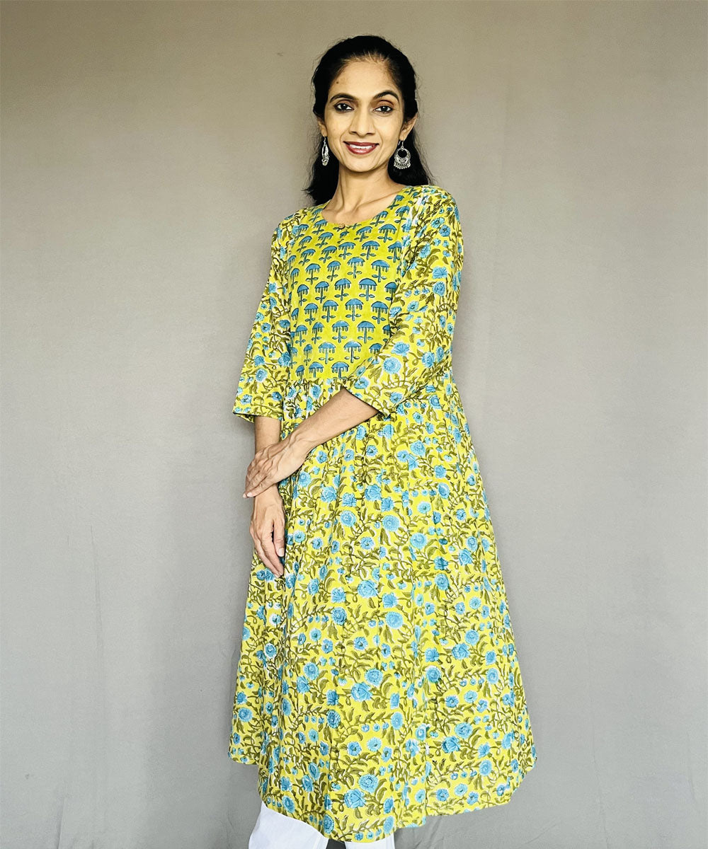 Green cotton sanganeri print kurti