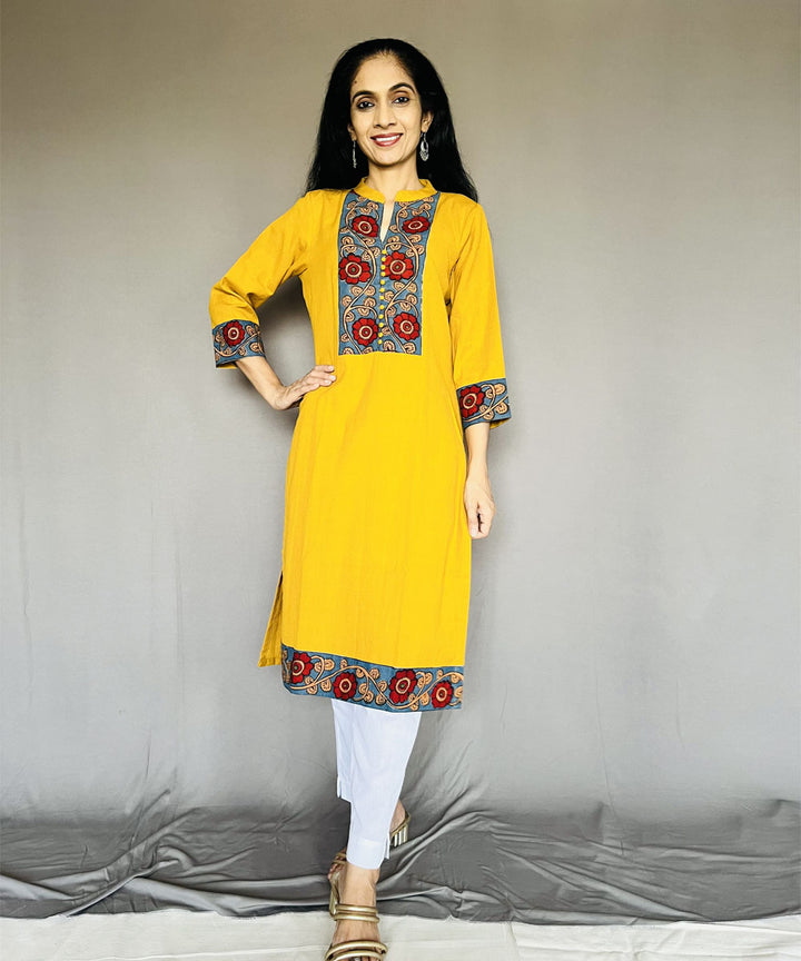 Mustard yellow khadi cotton flex patchwork kurti
