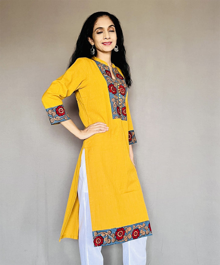 Mustard yellow khadi cotton flex patchwork kurti
