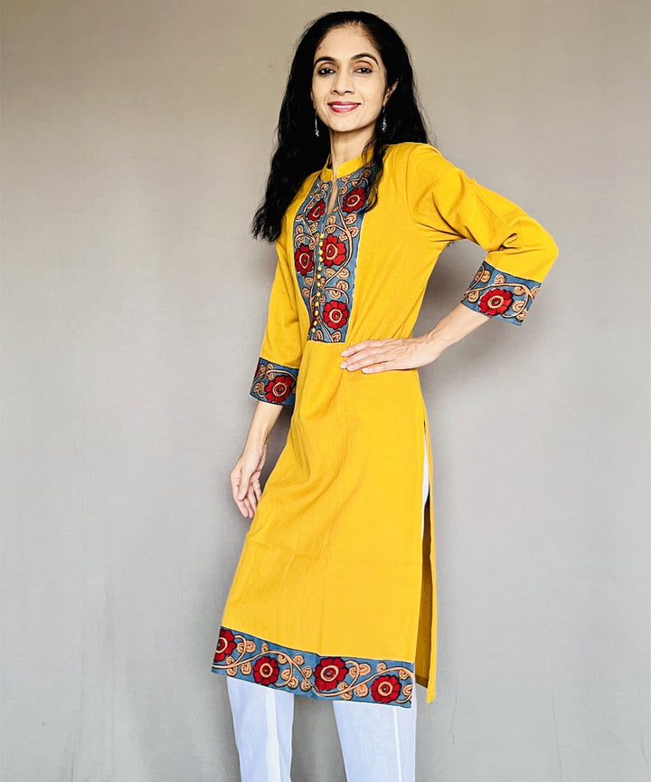 Mustard yellow khadi cotton flex patchwork kurti