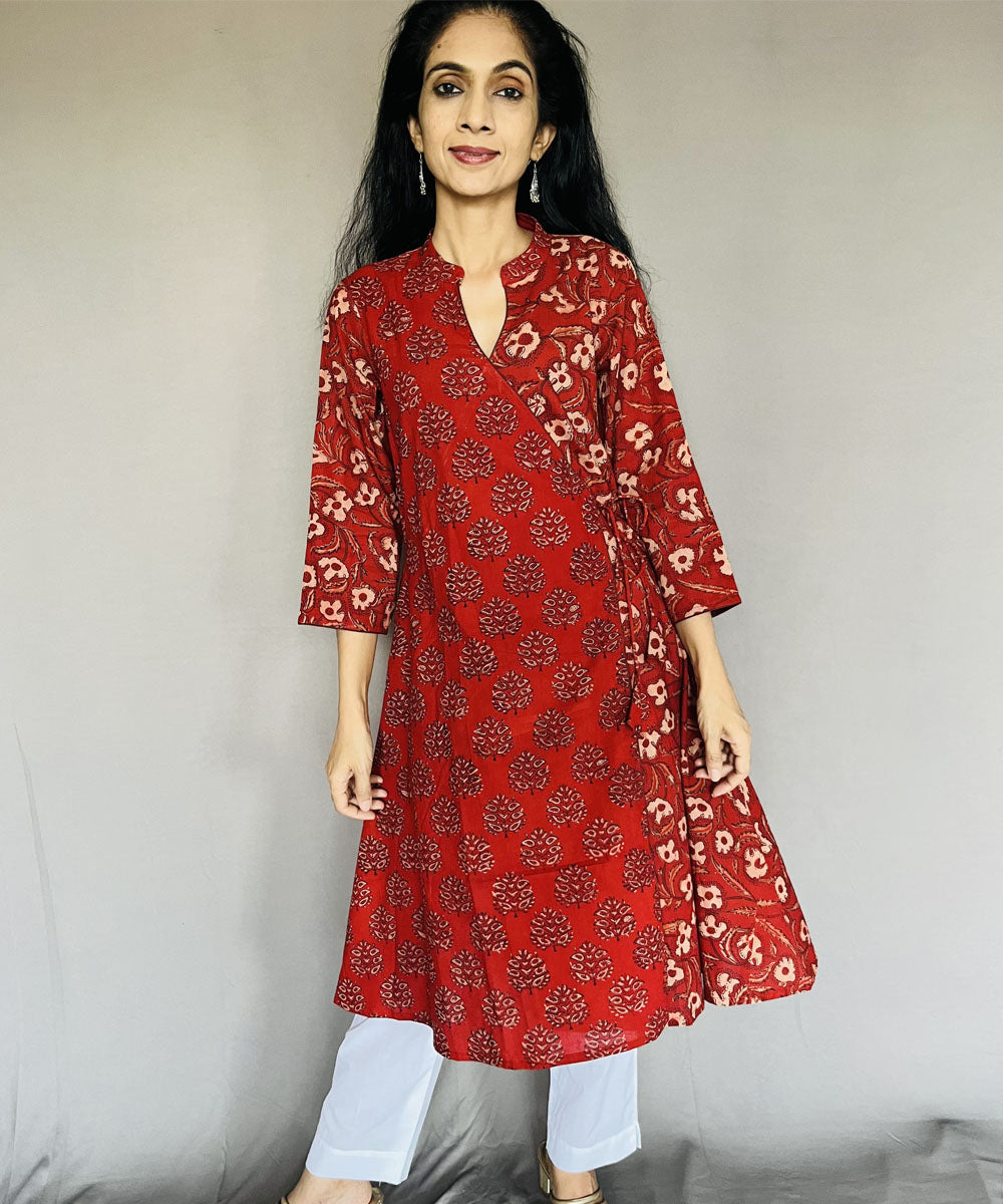 Red black ajrakh printed angarakha cotton kurti