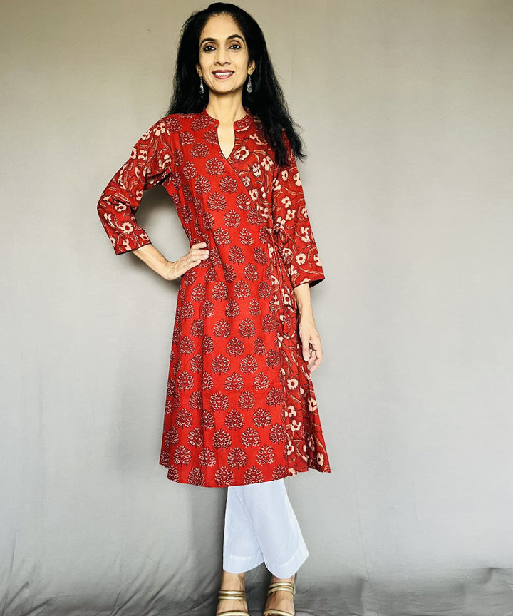 Red black ajrakh printed angarakha cotton kurti
