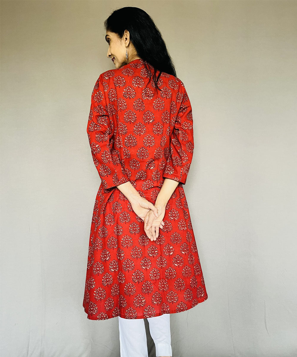 Red black cotton ajrakh printed angarakha kurti