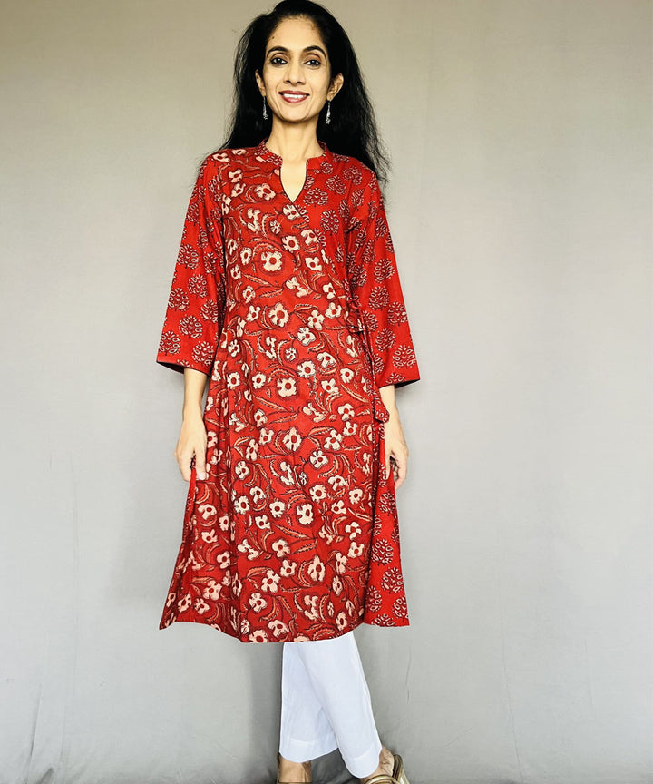 Red black cotton ajrakh printed angarakha kurti