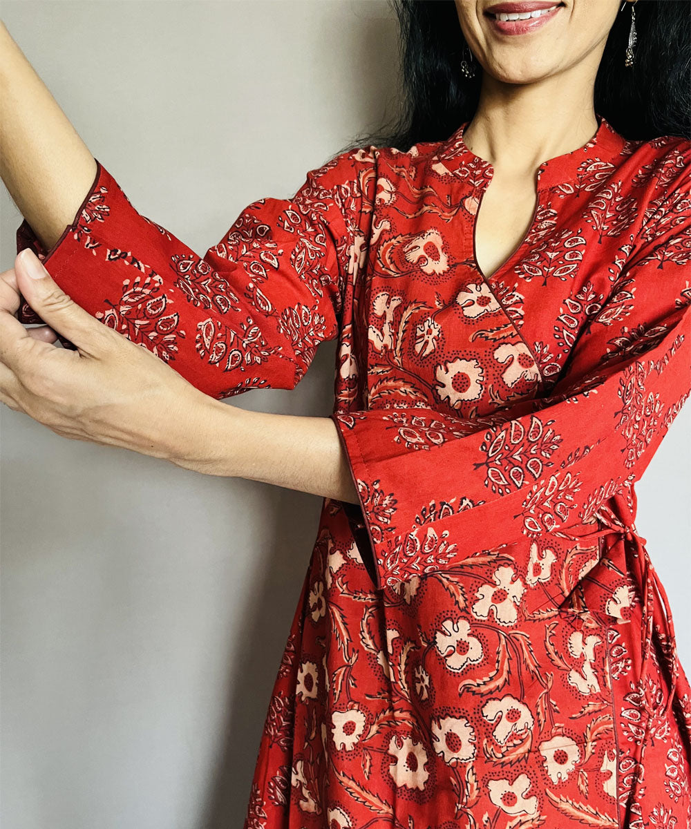 Red black cotton ajrakh printed angarakha kurti