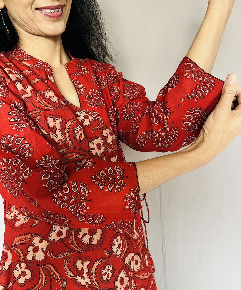 Red black cotton ajrakh printed angarakha kurti