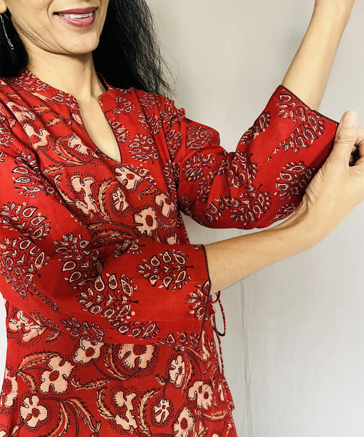 Red black cotton ajrakh printed angarakha kurti