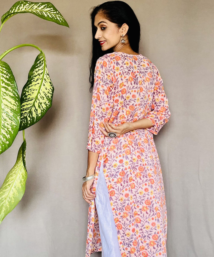 Pink peach pure mul cotton block printed kurti