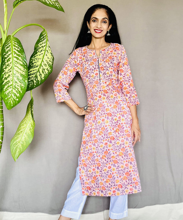 Pink peach pure mul cotton block printed kurti