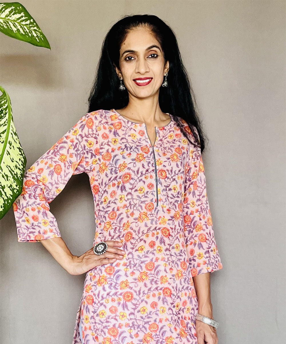 Pink peach pure mul cotton block printed kurti