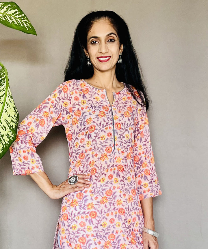 Pink peach pure mul cotton block printed kurti