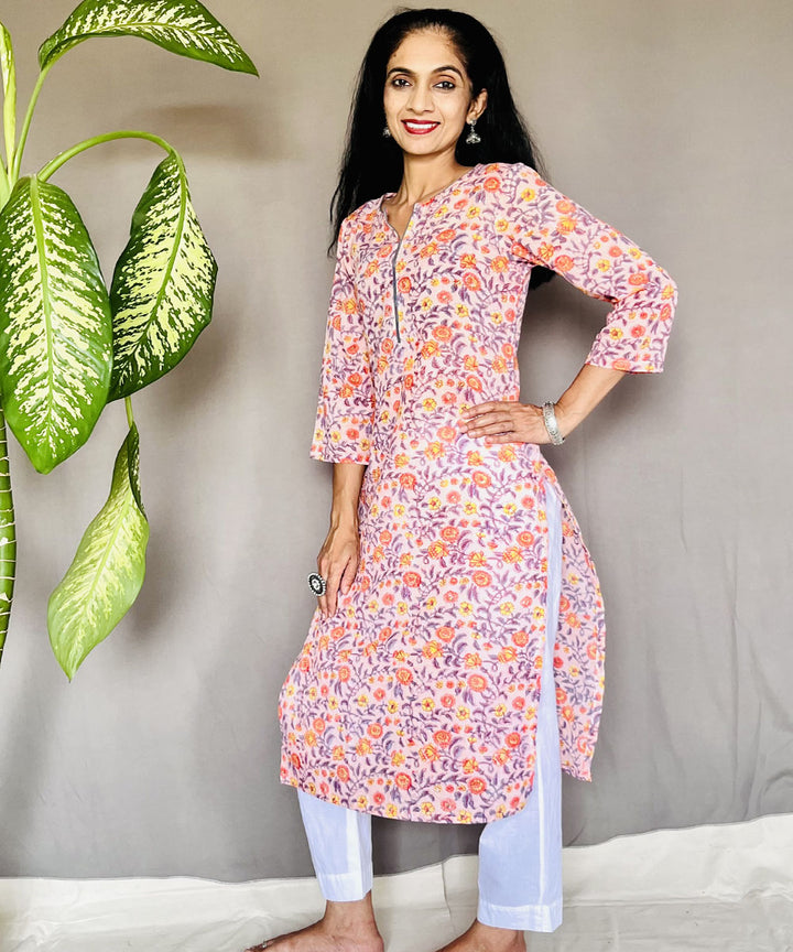 Pink peach pure mul cotton block printed kurti