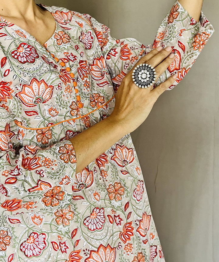 Pink peach cotton sanganeri print kurti