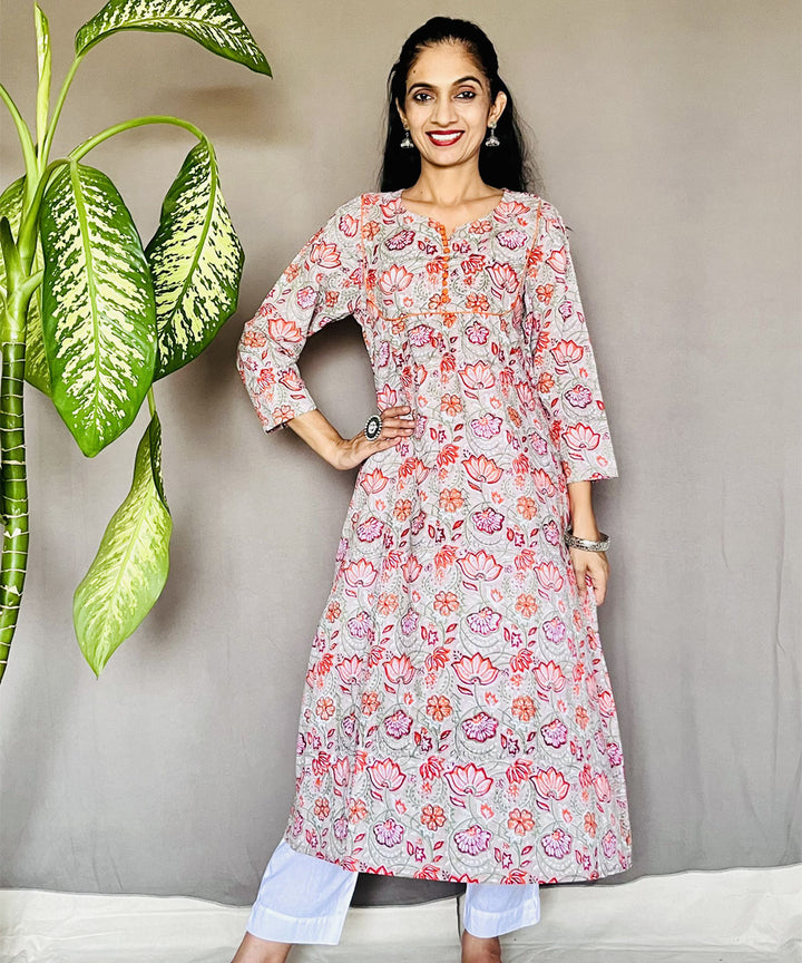 Pink peach cotton sanganeri print kurti