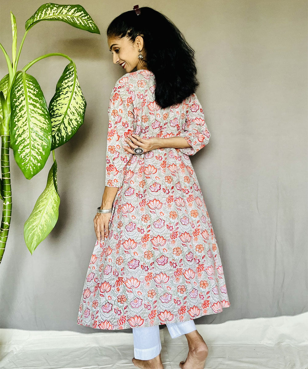 Pink peach cotton sanganeri print kurti