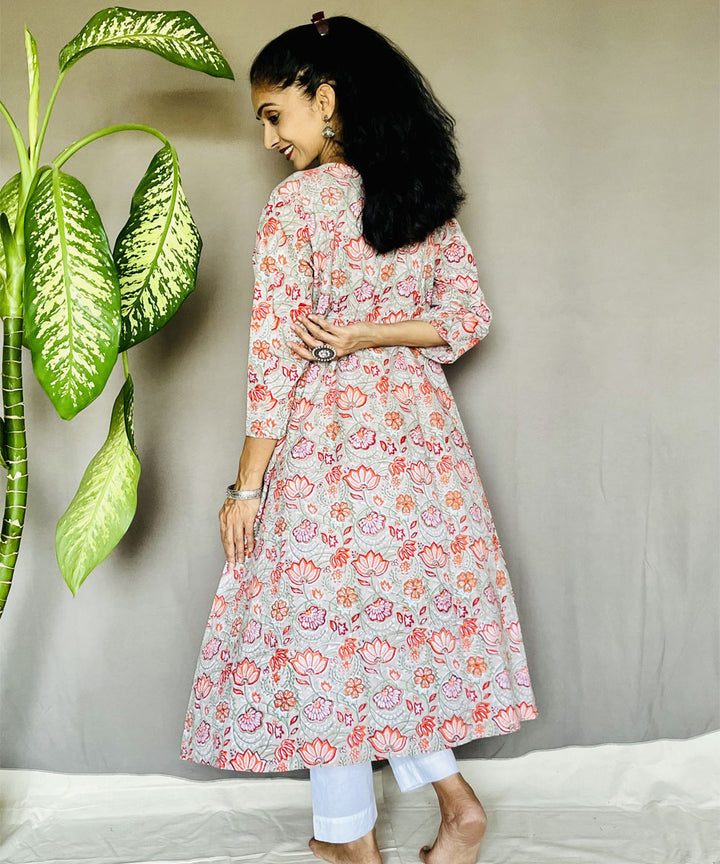 Pink peach cotton sanganeri print kurti