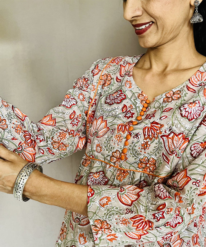 Pink peach cotton sanganeri print kurti