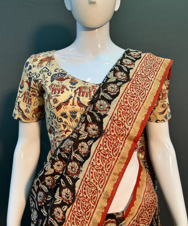 Multicolor hand block bagru printed chanderi silk saree