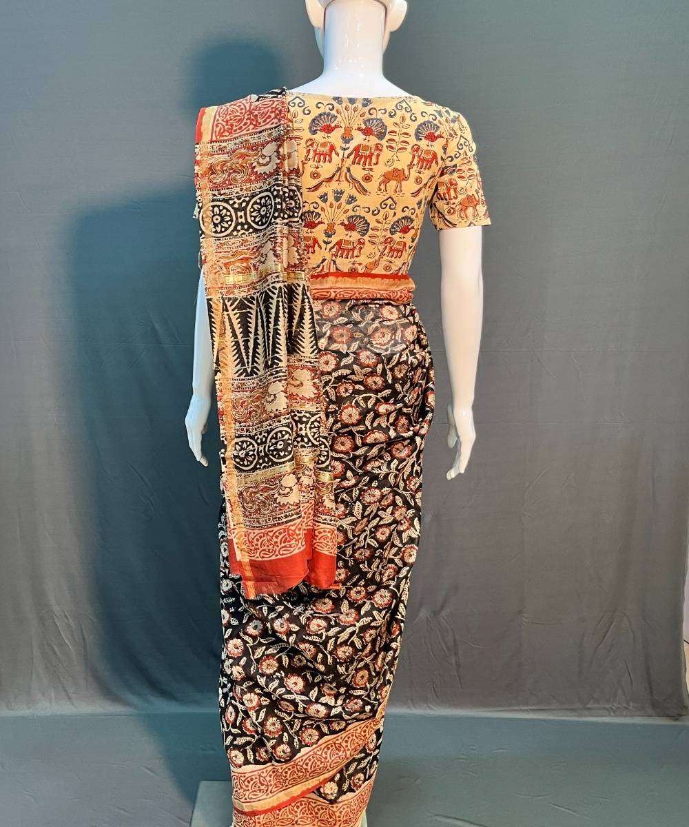Multicolor hand block bagru printed chanderi silk saree