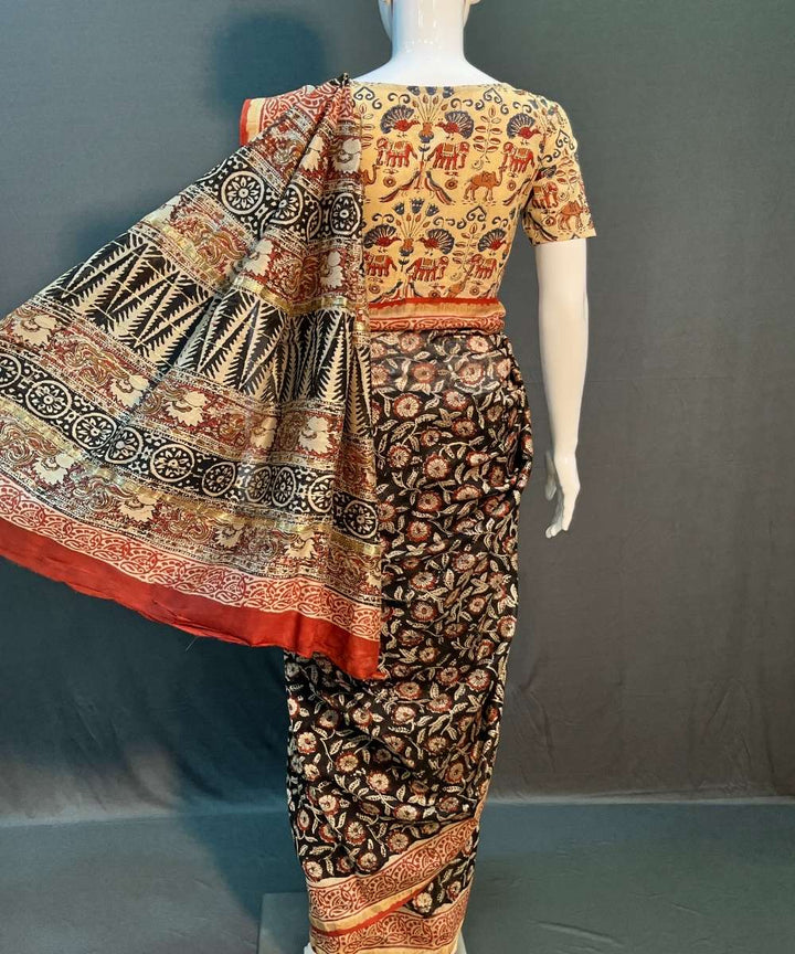 Multicolor hand block bagru printed chanderi silk saree