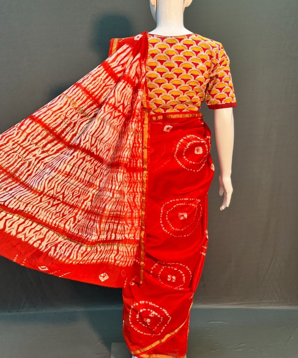 Red white shibori printed chanderi silk saree