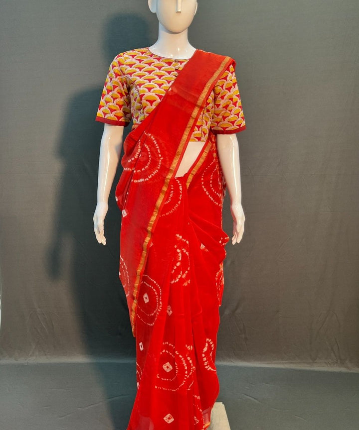 Red white shibori printed chanderi silk saree